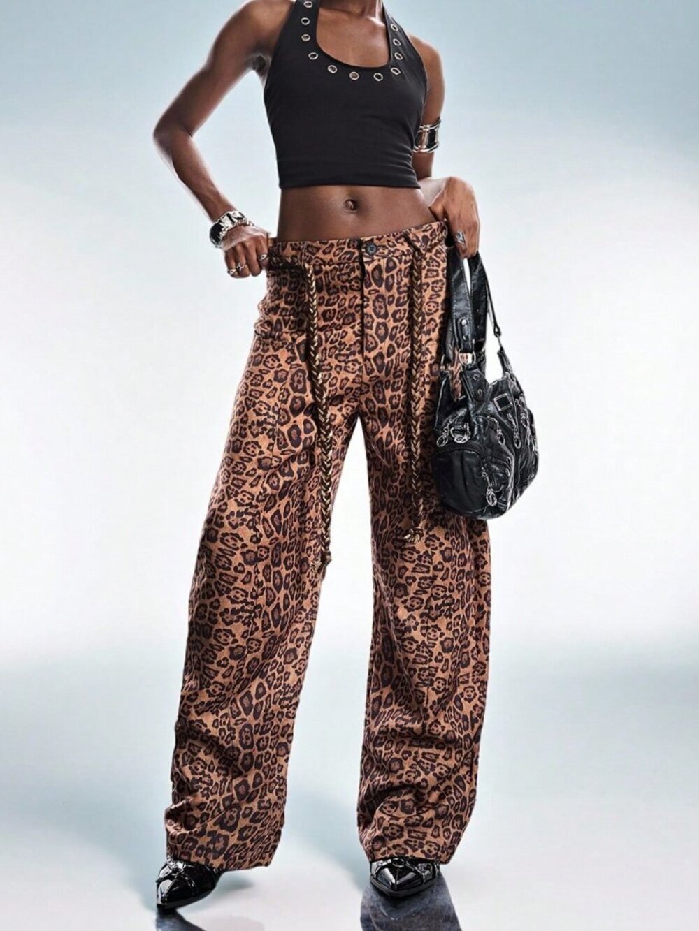 Brown Casual Women's Twirl High Waist Wide Leg Leopard Print Pants